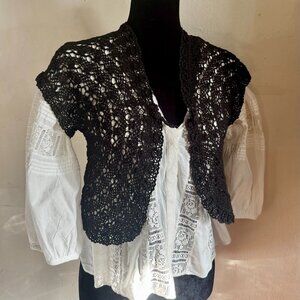 Vintage Bohemian  Black Cotton  Crochet Vest Size S
